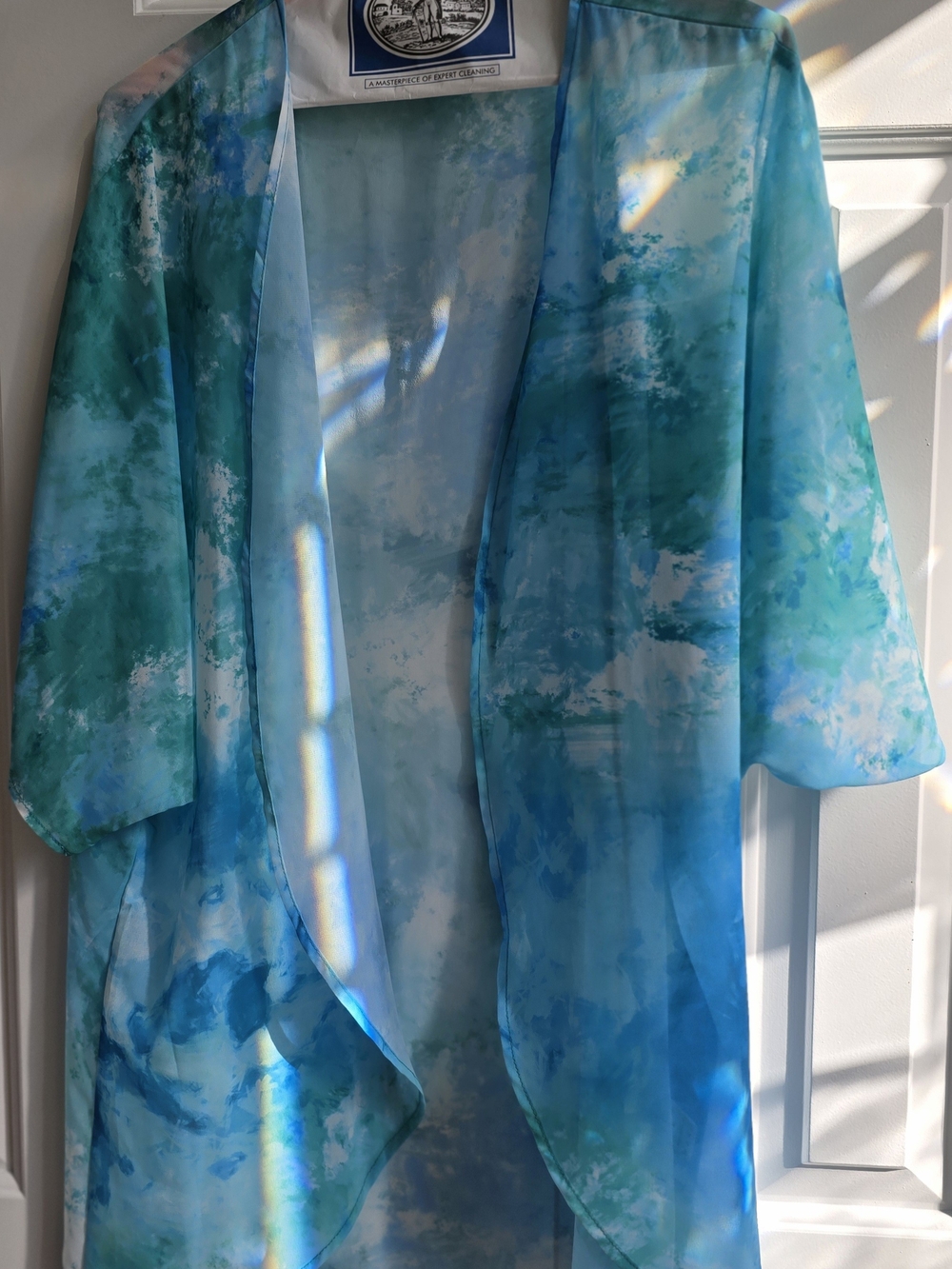 Source Unknown Sheer Blue, Teal And Green Watercolor Kimono